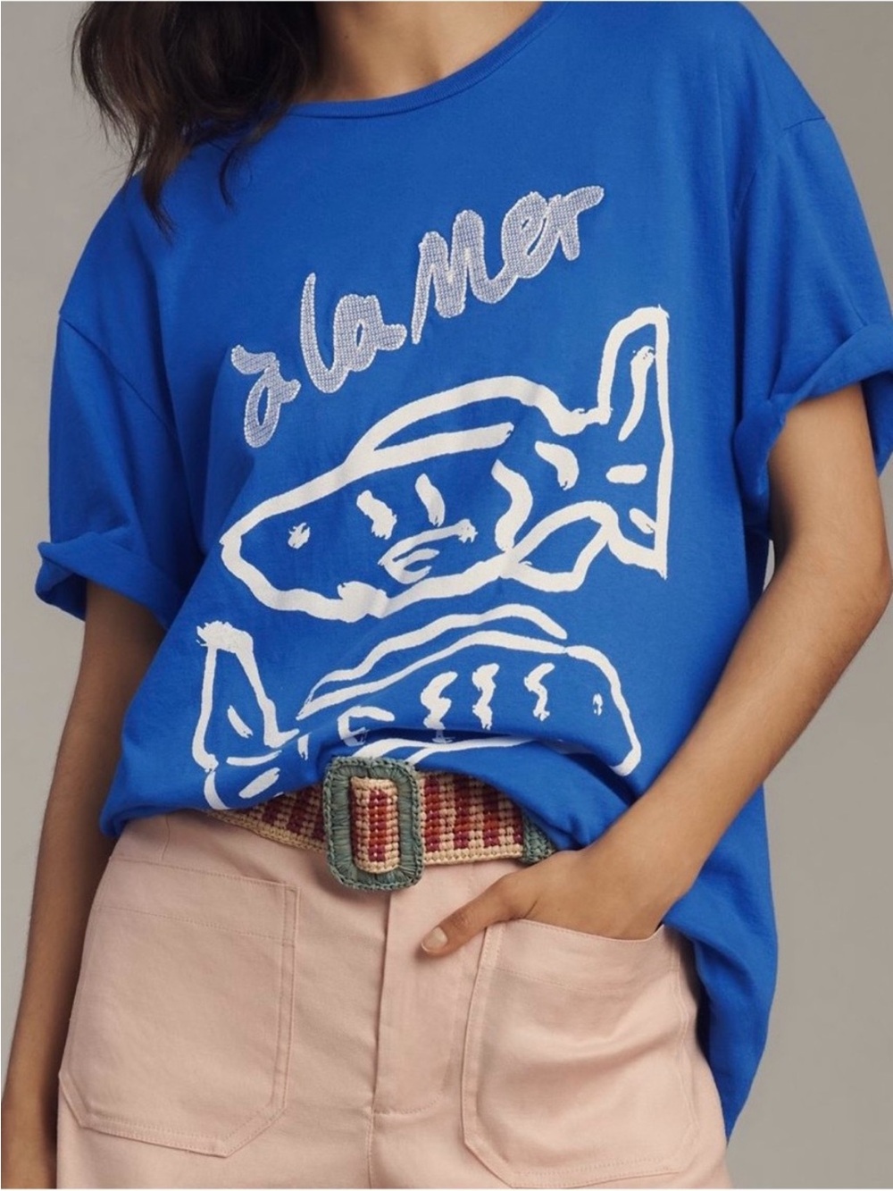 Anthropologie Blue Graphic 'A La Mer' Tee Fish Print T shirt Medium NWOT